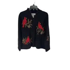 Tiara International Vintage Sequin Red Robin Holiday Embroidered Sweater